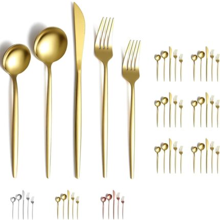 30 Piece Gold Premium Stainless Steel Mirror Polished Durable Cutlery Set, (Salad Fork 6+Fork 6+Knife 6+Salad Spoon 6+Tea Spoon 6,Gold Hotel Spoon,30)