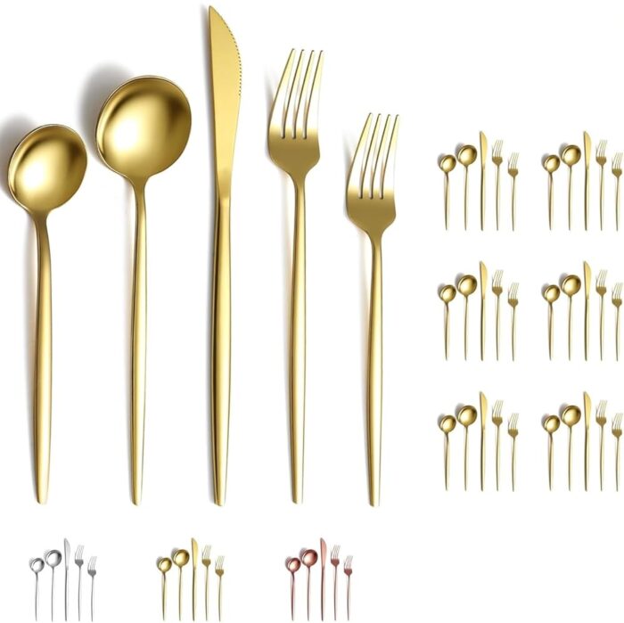 30 Piece Gold Premium Stainless Steel Mirror Polished Durable Cutlery Set, (Salad Fork 6+Fork 6+Knife 6+Salad Spoon 6+Tea Spoon 6,Gold Hotel Spoon,30)