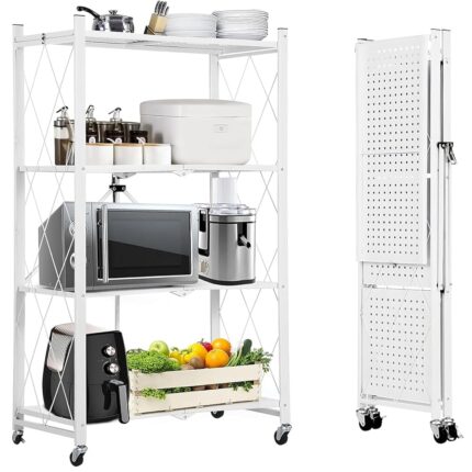 ABOUT SPACE Foldable Kitchen Storage Rack - 4 Tier Space Saving Metal Stand with Caster Wheels Crockery Unit Multifunctional Movable Microwave Stand Trolley -Upto 120Kg (White-...