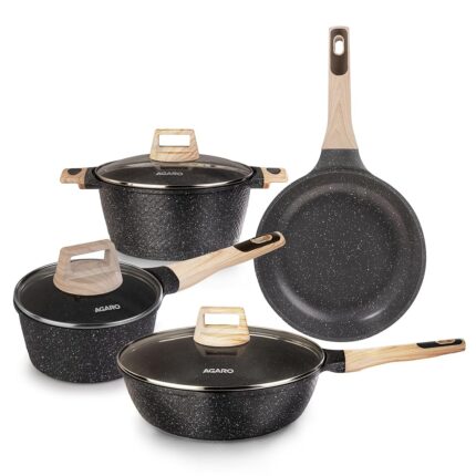 AGARO Imperial Granite Non Stick Cookware Set, 4pcs Cookware Set, 24cm Fry Pan & Casserole with Lid, 16cm Sauce pan with Lid, 28cm Deep Fry Pan with Lid, Cast Aluminium, Gas &...