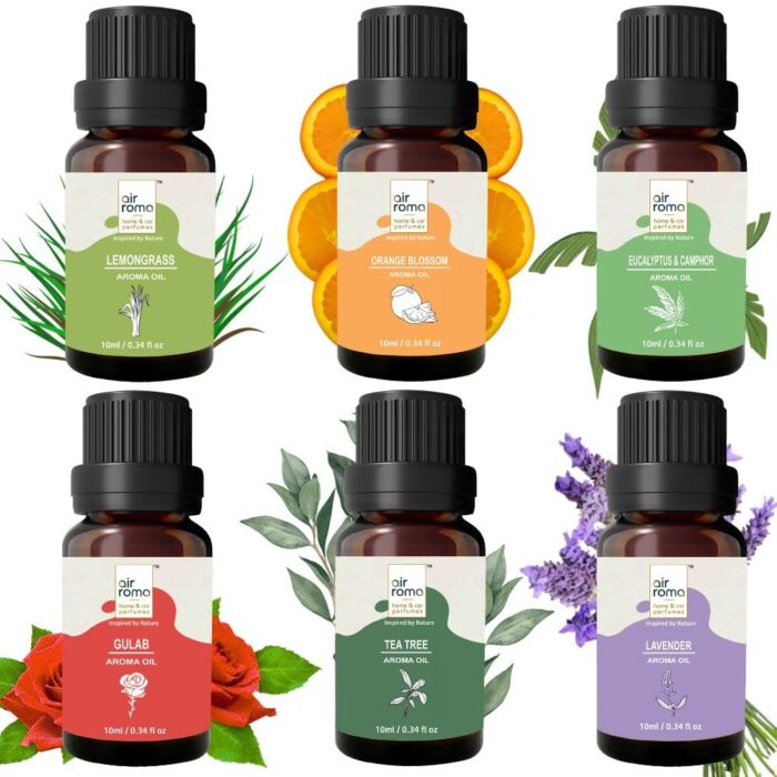 AIR ROMA Scented Diffuser Oil Pack of 6 | Lemongrass, Lavender, Eucalyptus, Orange, Rose and Teatree | Natural and Undiluted Aroma Diffuser Oil (60ml)