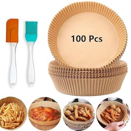 Airfryer Papers Disposable, 100PCS 8 Inch Non-Stick Airfryer Parchment Paper with Oil Brush, Round Free of Bleach Airfryer Liners for 5-8QT Air Fryer, Baking, Roasting Microwave