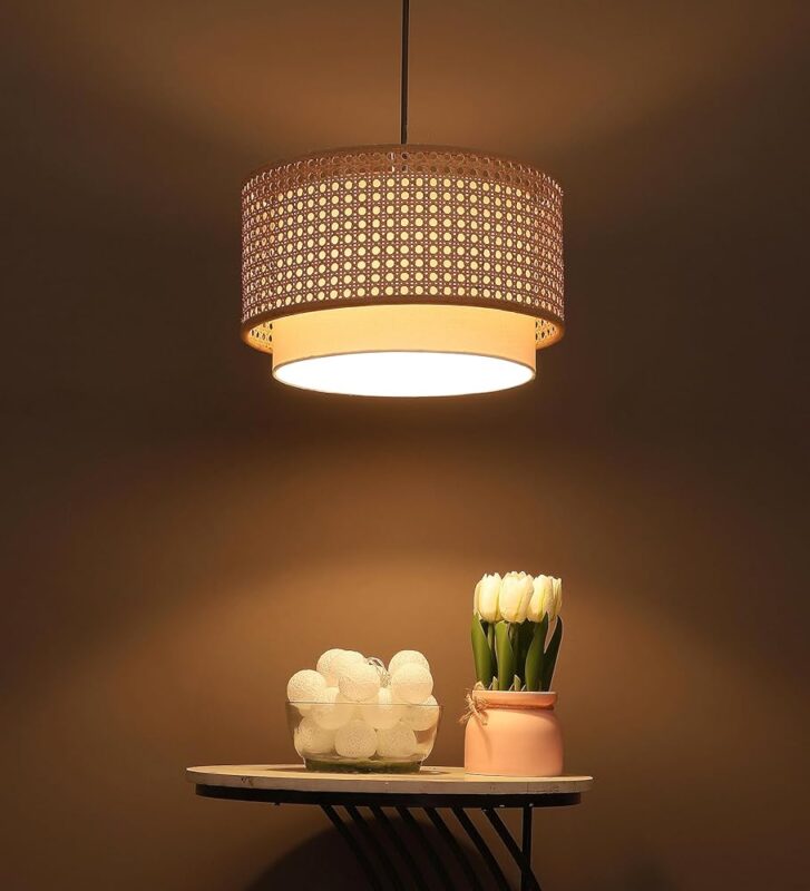 AKWAY Bamboo Hanging lamp for Living Room | Rattan Hanging lamp | Cane Pendant Light for Home Decoration (12" Dia x 6" H) (Bulb not Included)
