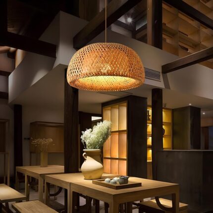 AKWAY Bamboo Hanging lamp for Living Room | Rattan Pendant lamp for Home Decoration | Cane Ceiling lamp | Wicker Hanging lamp (14" Dia x 6")