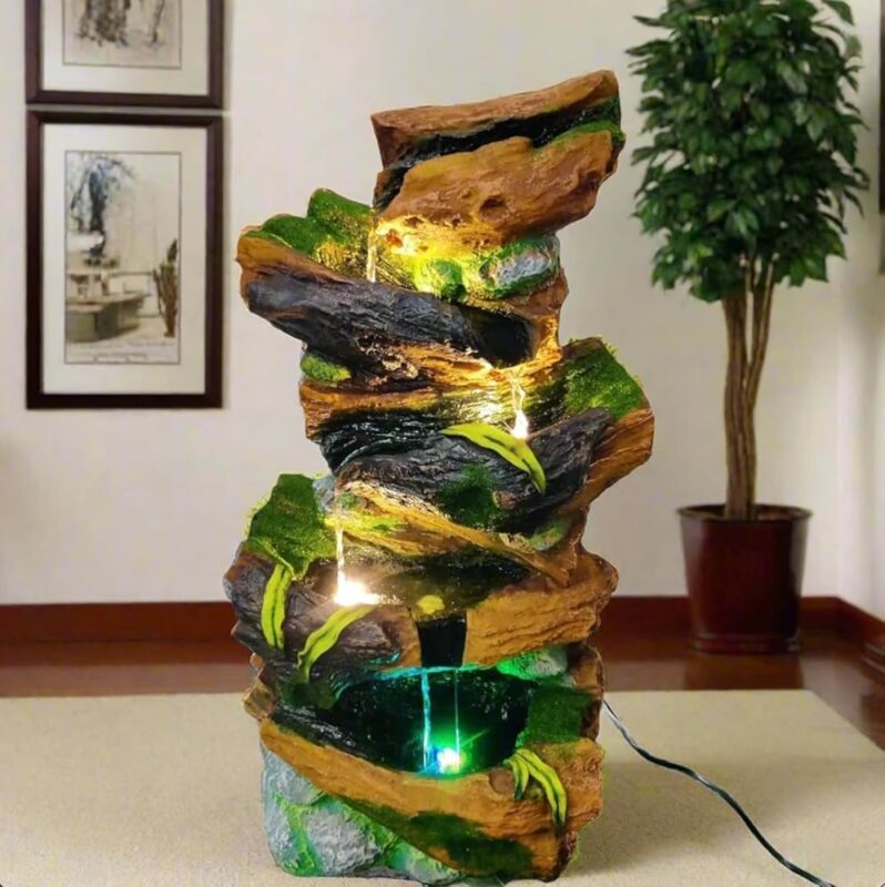 ALILA Nature Water Fall Fountain for Home Office Hotel Living Room Decor with Led Lights Decoration Garden Balcony Decorative Indoor Outdoor, 23 Inches / 58Cm