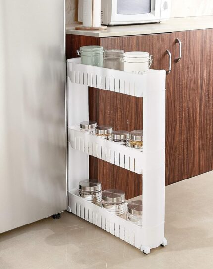 Amazon Basics Slim Rolling Storage Rack – 3-Tier Plastic Slide-Out Organizer for Kitchen, Bathroom, Laundry Room – Space-Saving Multipurpose Shelf for Pantry & Utility Storage...