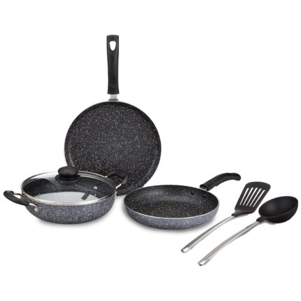 Amazon Brand - Solimo 6 Piece Non-Stick Cookware Set | Granite Finish | Induction Base | PFOA Free | HTR Exterior Coating | 25cm Tawa, 22 cm Kadai, 22cm Fry Pan, 1 Glass Lid & 2...