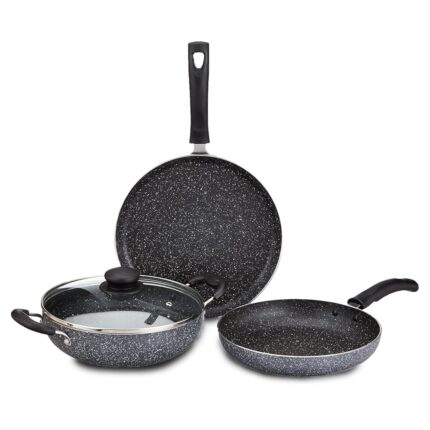 Amazon Brand - Solimo Aluminium 4 Piece Non-Stick Cookware Set | Granite Finish | Induction Base | Pfoa Free | HTR Exterior Coating | 25Cm Tawa, 22 Cm Kadai, 22Cm Fry Pan, 1...