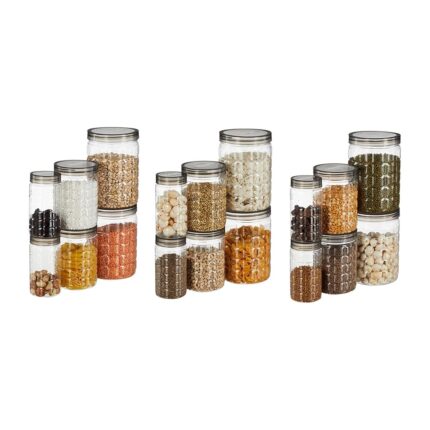 Amazon Brand - Solimo Checkered Jar Container, Set of 18 (6 pcs x 250 ml Each, 6 pcs x 500 ml Each, 6 pcs x 1000 ml Each), Black | Air Tight | Kitchen Organiser | BPA Free |...