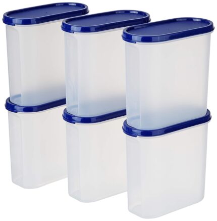 Amazon Brand - Solimo Modular Plastic Storage Container With Airtight Lid | BPA-Free Plastic | Microwave Safe | Dishwasher Safe | 1.8 Litres | Set of 6 (Blue)
