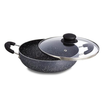 Amazon Brand - Solimo Non-Stick Kadai with Glass Lid | Granite Finish | Induction Base | PFOA Free | High Temperature Resistant Exterior Coating | 22 cm | Grey