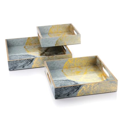 Attro Circle Gold Designer Wooden Serving Trays Square 1 Big Tray , 1 Medium Tray, 1 Small Tray for Home Décor, Kitchen Use, Dinning Tray - Set of 3, Multicolour, Standard
