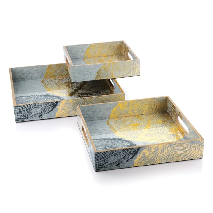 Attro Circle Gold Designer Wooden Serving Trays Square 1 Big Tray , 1 Medium Tray, 1 Small Tray for Home Décor, Kitchen Use, Dinning Tray - Set of 3, Multicolour, Standard
