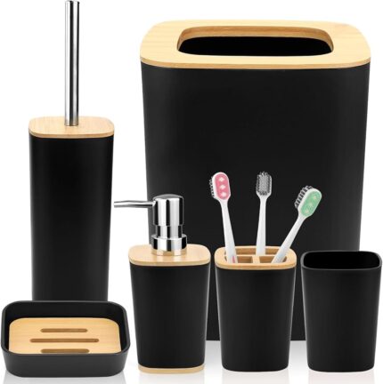 BAREPEPE Luxury 6 Piece Bathroom Accessories Set for Modern Home Decor (Black Wooden)