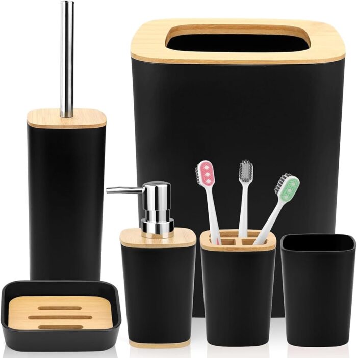 BAREPEPE Luxury 6 Piece Bathroom Accessories Set for Modern Home Decor (Black Wooden)