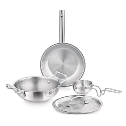 Bergner BE Essentials TriPly 4 Pcs Cookware Set, Kadai 22cm/2 L, Fry Pan 22cm/1.1 L, Tadka Pan 10cm, 1 Stainless Steel Lid Suitable for Kadai and frypan, Cool Touch Comfort Grip...