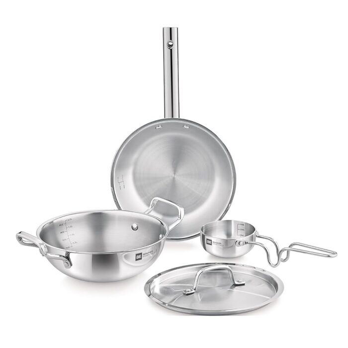 Bergner BE Essentials TriPly 4 Pcs Cookware Set, Kadai 22cm/2 L, Fry Pan 22cm/1.1 L, Tadka Pan 10cm, 1 Stainless Steel Lid Suitable for Kadai and frypan, Cool Touch Comfort Grip...