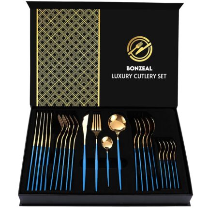 BonZeaL 24 Pieces Blue Gold Premium Cutlery Set for 6 Person Mirror Finish Stainless Steel Flatware Set Cutlery Set for Hotel Cafe Bar Restaurant