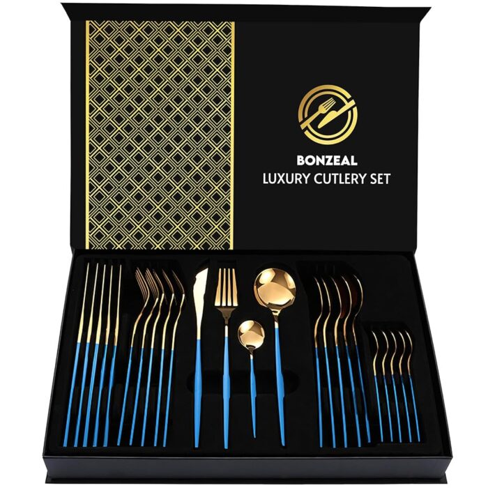 BonZeaL 24 Pieces Blue Gold Premium Cutlery Set for 6 Person Mirror Finish Stainless Steel Flatware Set Cutlery Set for Hotel Cafe Bar Restaurant