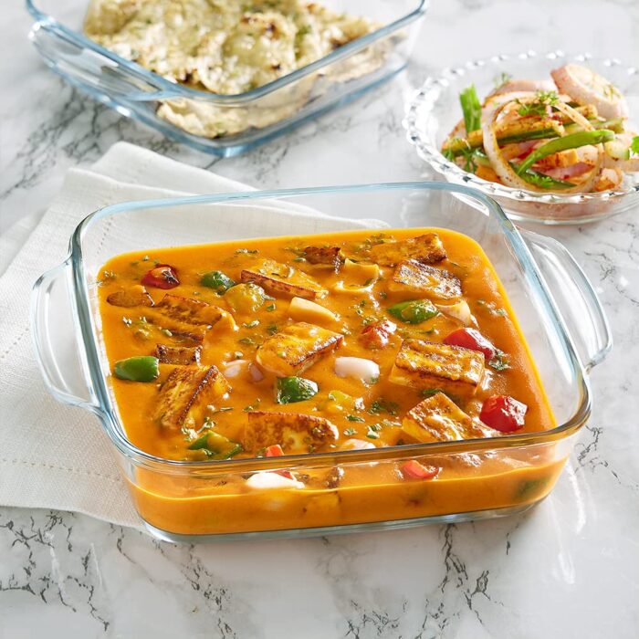 Borosil 1.6 L Baking & Serving Dish with Handle | Square Shape Bowl Container | Borosilicate Glass Bakeware and Serveware Casserole Dish Tray | Microwave, Oven & Dishwasher Safe...