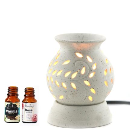Brahmz Aroma Oil Diffuser Electric Ancient Matki Diffuser with Bulb Aroma Burner Diffuser Matki Shape (White - with 10grams Rose and Vanilla Aroma Oil)