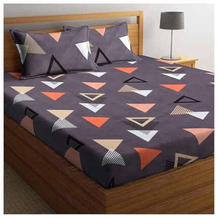 BSB HOME 100% Cotton Geometric Print Mix N Match 180 TC Double Bed Sheet with 2 Pillow Covers for Queen Bed, Maroon Blue and White