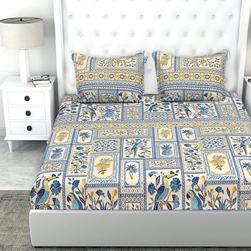 BSB HOME 200 TC 100% Cotton Feel Bedsheet for Double Bed with Two King Size Pillow Covers Soft/Breathable Wrinkel Free - 90x100 Inches - (White and Blue)