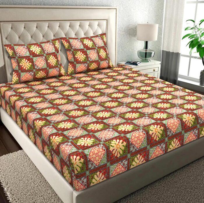 BSB HOME Pure Microfiber Jaipuri Rjasathani Print Bedsheet for Double with 2 Pillow Covers 144tc Breathable Wrinklfree Color - Beige & Green