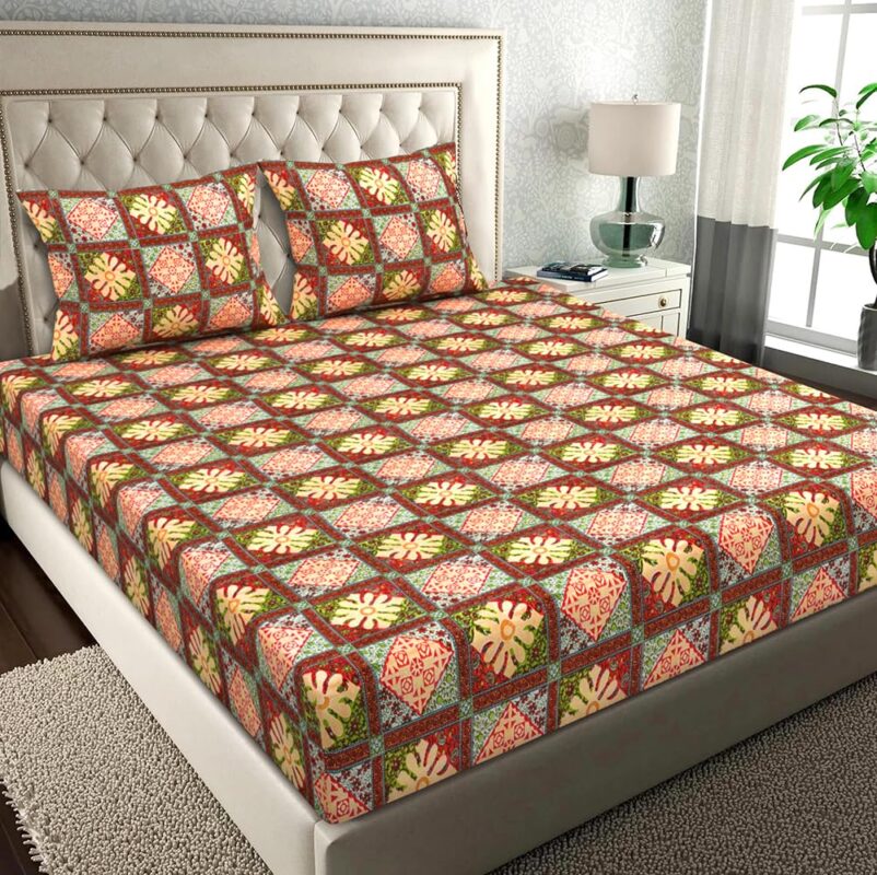 BSB HOME Pure Microfiber Jaipuri Rjasathani Print Bedsheet for Double with 2 Pillow Covers 144tc Breathable Wrinklfree Color - Beige & Green