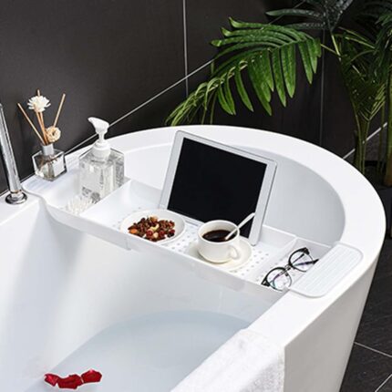 CALANDIS® Bath Tub Tray Accessories Expandable Storage Shelf for Candleholder Bathroom White