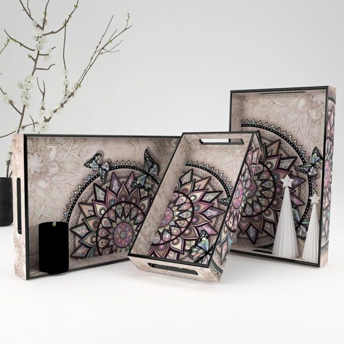 Castleite Elisa Mandala Wooden Trays for Serving & Decoration-Set of 3 | Handcrafted Organizers with Cut-Out Handles for Dining & Home Decor | Epoxy Resin Finish-Size Small,...