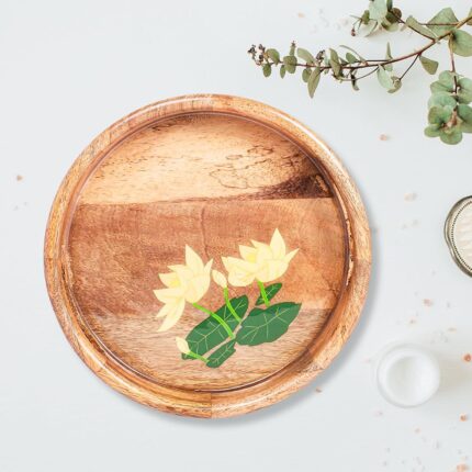 CHITRAKOOT Round Wooden Serving Tray with Lotus Floral Design | Handcrafted Mango Wood | Elegant Tray for Coffee Table, Dining & Gifting | Home Decor Accent