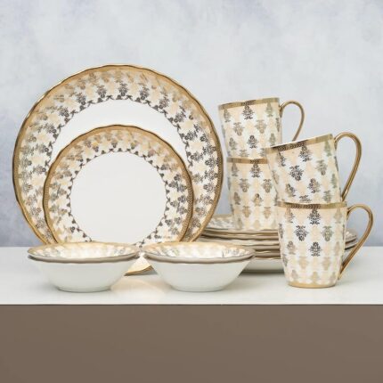 Clay Craft Fine Ceramic Ebony Dinner Set, Enchanting Gold, for Family of 4, Dinner Set Ceramic, Crockery Set, Dining Set for Dinner, Crockery Set for Gift, Kitchen Set (16...