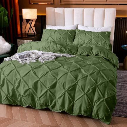 Cloud Fino Cotton 600 Thread Count, Luxurious Pleated Design Duvet Cover |1 Duvet Cover with 2 Pillow Shams 17" x 27" |Queen|King|Twin|Double Bed|Single Bed Sizes (Olive, King)