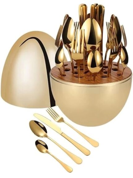 Cp critics picks Luxury Egg-Shaped Cutlery Set, 24 Piece Mirror Finish Stainless Steel, Gold