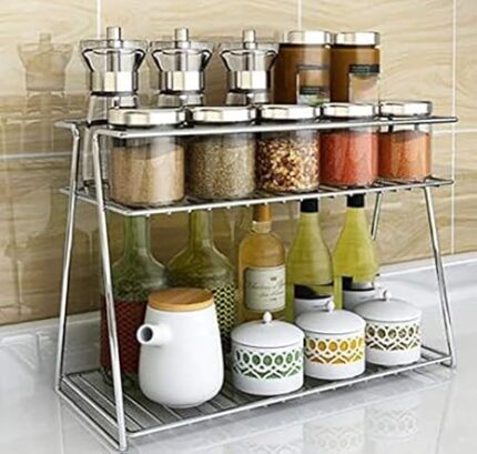 CR18 COLLECTION Stainless Steel 2 Layer Spice Rack | Modular Kitchen Storage Organizer | Multipurpose Shelf for Countertop, Tabletop | Tiered Silver Rack