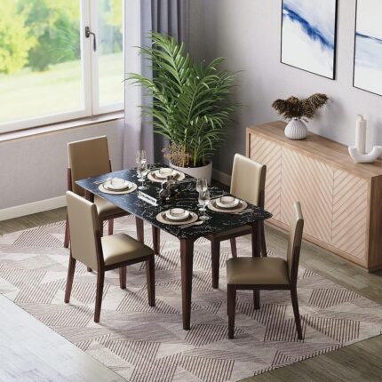 DecorNation Italiana Solid Wood 4 Seater Dining Room Set for Home, Living Room- Black Dining Table with Four Cushioned Chairs