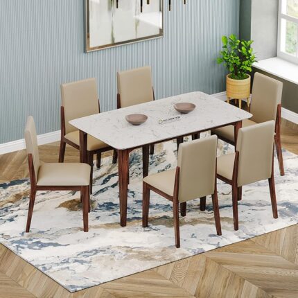 DecorNation Italiana Solid Wood 6 Seater Dining Room Set for Home, Living Room- Dining Table with Six Cushioned Chairs (White)
