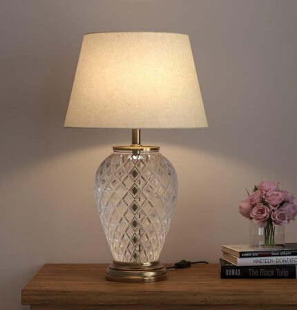 Divine Trends Glass Table Lamp Royal Brass Antique Finish Diamond Cut Glass Off White 14 inches Lampshade Bedside, Living Room, Bedroom, Home Decoration, Hotel Pack of 1 - Bulb...