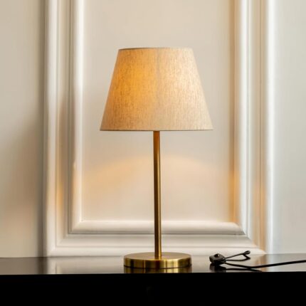 Divine Trends Table Lamp LED, Incandescent Modern Sleek Brass Antique Finish 19 Inches Height With 10 Inches Off White Tapered Lampshade For Bedroom, Living Room, Bedside (Pack...