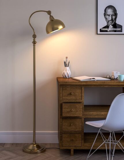 Divine Trends Vintage Curve Brass Antique Finish Retro Floor Lamp Standing Adjustable, Moveable Dome Shade and Neck to Focus Light, Reading Task Lamp Pack of 1 LED,...