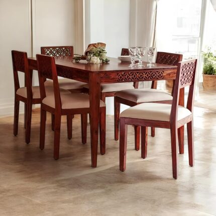 DRIFTINGWOOD Maharaja Solid Sheesham Wood Dining Table 6 Seater | Wooden Six Seater Dinning Table with Cushion Chairs | Dinner Table 6 Seater | Dining Room Sets | Self Assembly,...