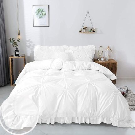 EASY BEDDING 300 TC Pinch Ruffle Solid 2 Tone Duvet/Razai/Blanket Cover With 2 Pillow Cover- 100% Cotton(Zipper Closure)Razai Cover 3 Pc Set,Soft&Lightweight-King Size White