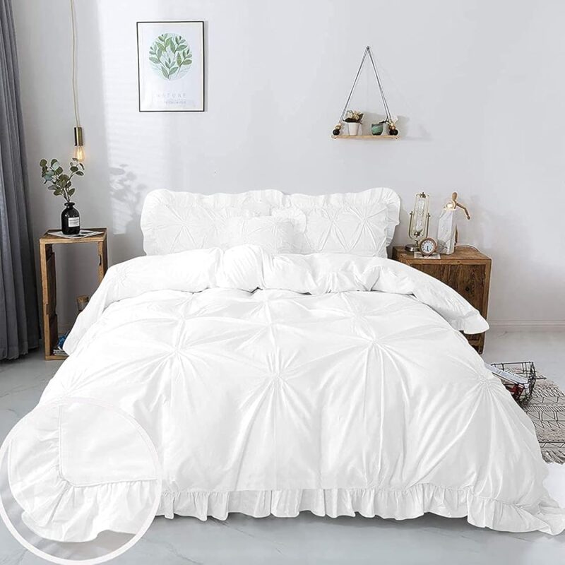 EASY BEDDING 300 TC Pinch Ruffle Solid 2 Tone Duvet/Razai/Blanket Cover With 2 Pillow Cover- 100% Cotton(Zipper Closure)Razai Cover 3 Pc Set,Soft&Lightweight-King Size White