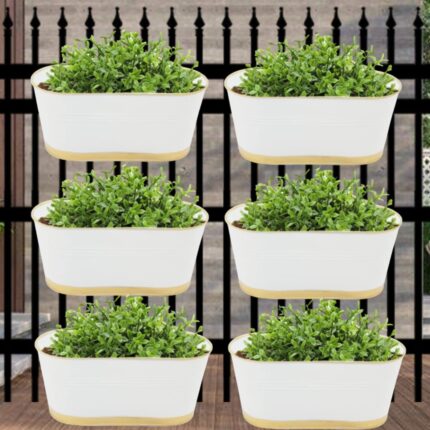 ecofynd 12 Inches Aurelia Railing Planters for Balcony, Hanging Pots for Plants, Wall Hanging Decorative Planters for Vertical Garden, Oval,12 inches, Pack of 6 (White)