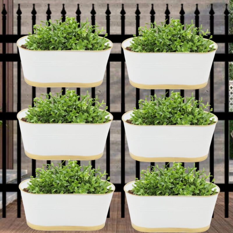 ecofynd 12 Inches Aurelia Railing Planters for Balcony, Hanging Pots for Plants, Wall Hanging Decorative Planters for Vertical Garden, Oval,12 inches, Pack of 6 (White)