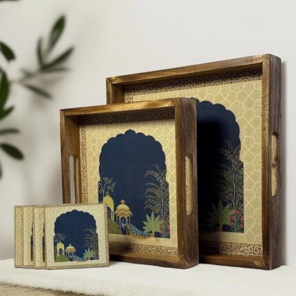 Ekaura Shah-i-Mor Wooden Tray Set with 4 Coasters – Includes Medium & Large Trays – Elegant Tea & Coffee Serving Set for Kitchen Décor & Gifting