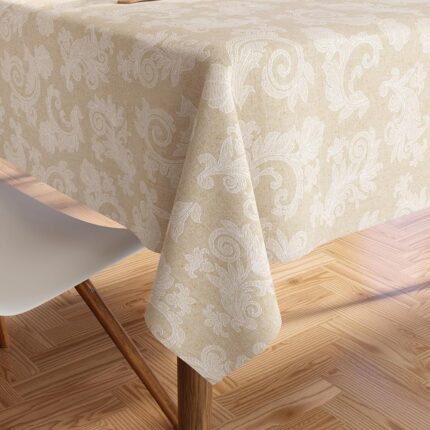 Encasa XO Dining Table Cover for 6 to 8 Seater | Rectangular Size - 145x240 cm (57x94 in) | Floral Beige Jacquard Printed on Chambray Cotton | Dining Table Cloth for Special...