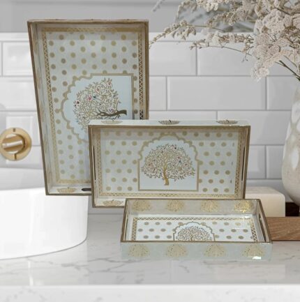 Epichunt - Handcrafted Wooden Serving Tray with Gold Engraving | Set of 3 | Size :16 x 10 inch, 14 x 8 inch & 12 x 6 inch | Decorative Tray Set | Enamel Coated Waterproof | Tree...