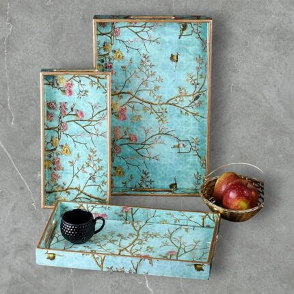 Epichunt Premium Handcrafted Wooden Serving Tray with Gold Engraving| Set of 3 |Size :16 x 10 inch,14 x 8 inch &12 x 6 inch |Enamel Coated Waterproof |Rectangular | Decorative...